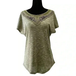 Ricki’s Cap Sleeve T-Shirt Crochet Trim Top Khaki Green Space  Dye Small